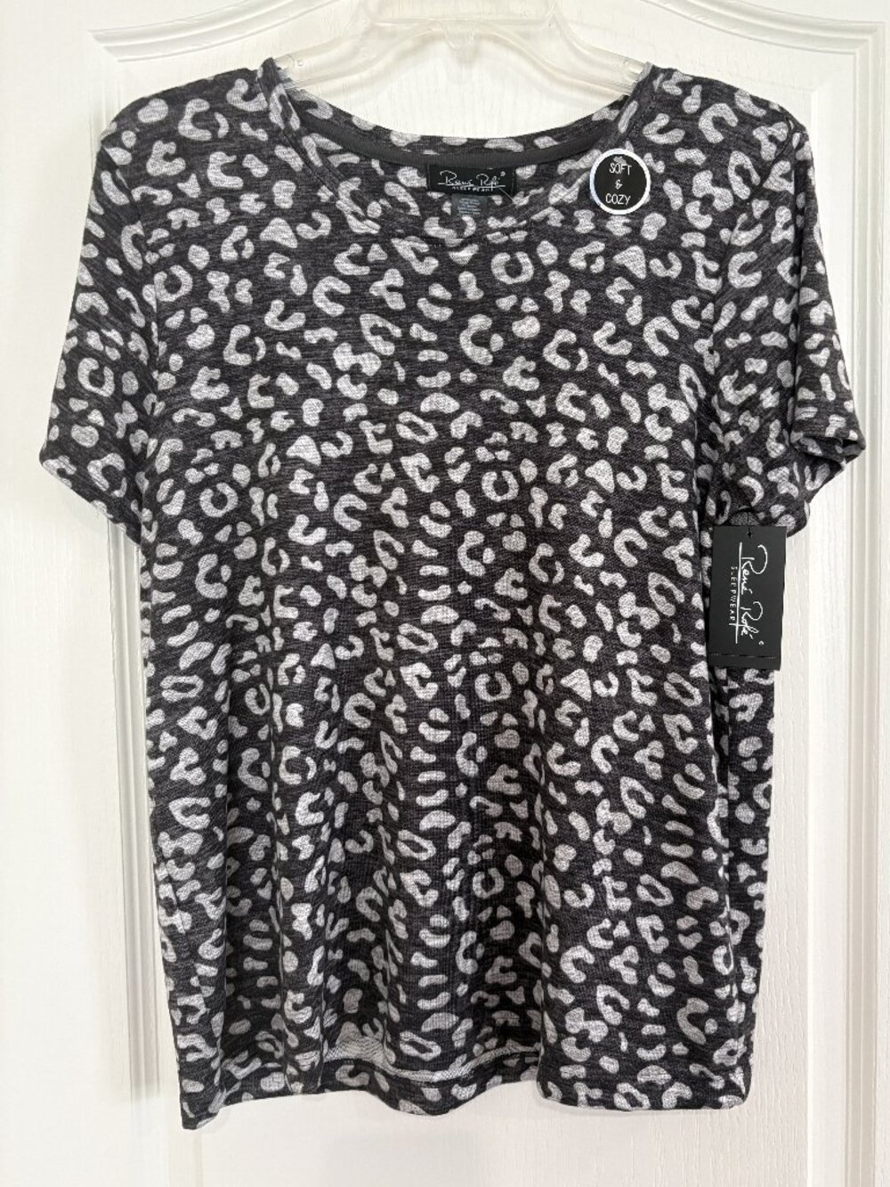Rene Rofe Sleepwear Leopard Pajama Top Soft Knit Short Sleeve Gray Size Medium